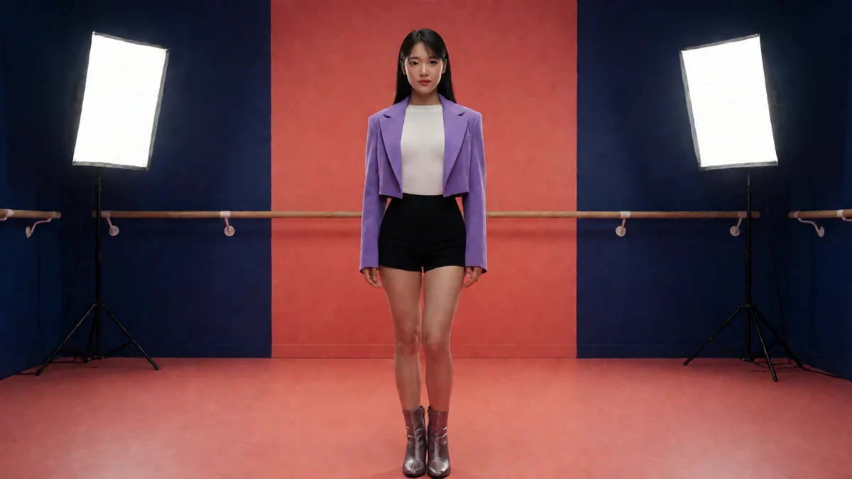 美女热舞主题图：红蓝灯光影棚中央，穿淡紫外套和黑色短裙的成年女性