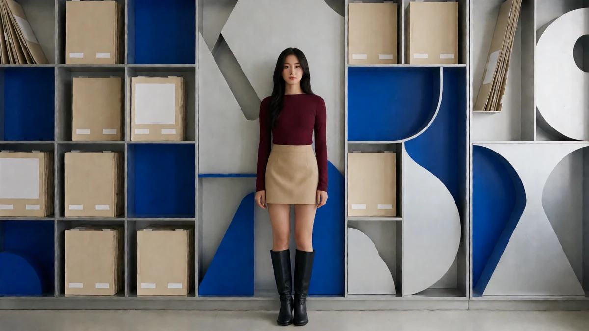 日本女优角色主题示意：布景架前穿深红上衣和米色短裙的成年女性