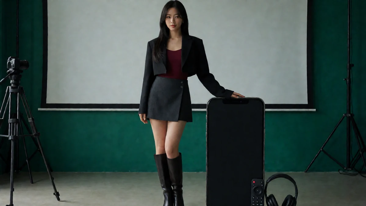 华语女郎主题图：摄影棚屏幕旁穿黑色外套和短裙的成年女性