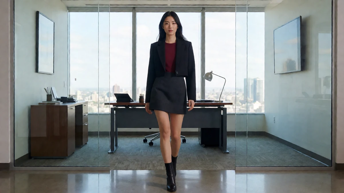 办公室丽人主题图：玻璃办公室前穿黑色外套和短裙的成年女性
