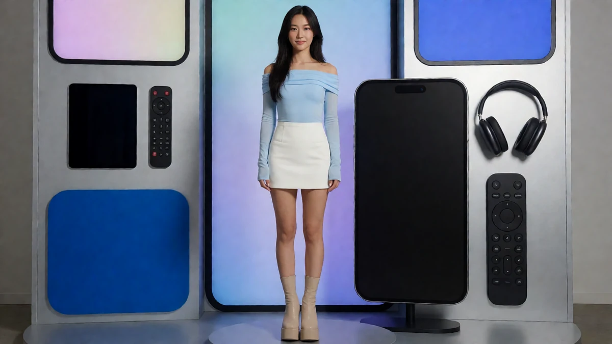 抖阴app短视频主题图：一名成年女性站在手机与耳机造型布景之间